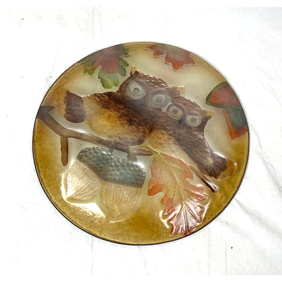Vintage Glass Owls And Acorns Fall Decor Plate Platter 11.25" - Picture 4 of 5